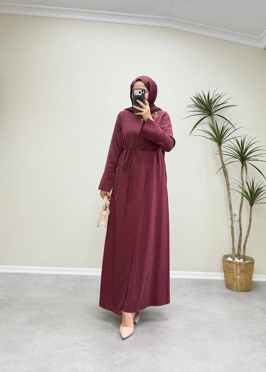 3131 - Yakası Broşlu Tencel Elbise - Bordo