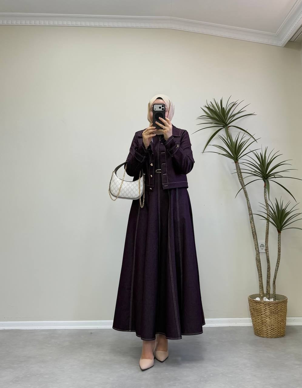 3332 - Ceketli Denim Elbise - Mürdüm 
