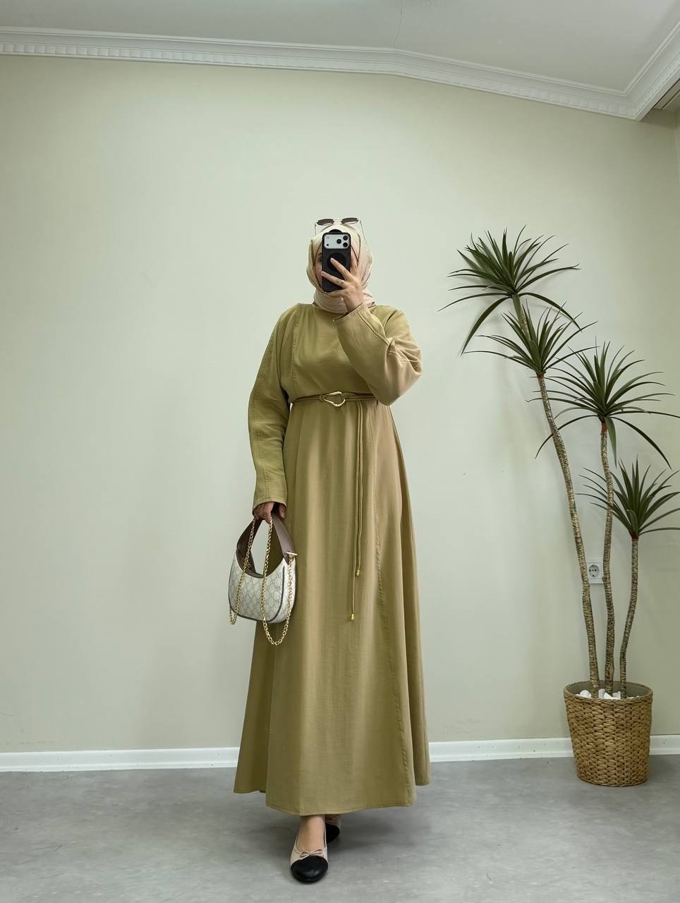3445 - Gold aksesuarlı Elbise - Olive
