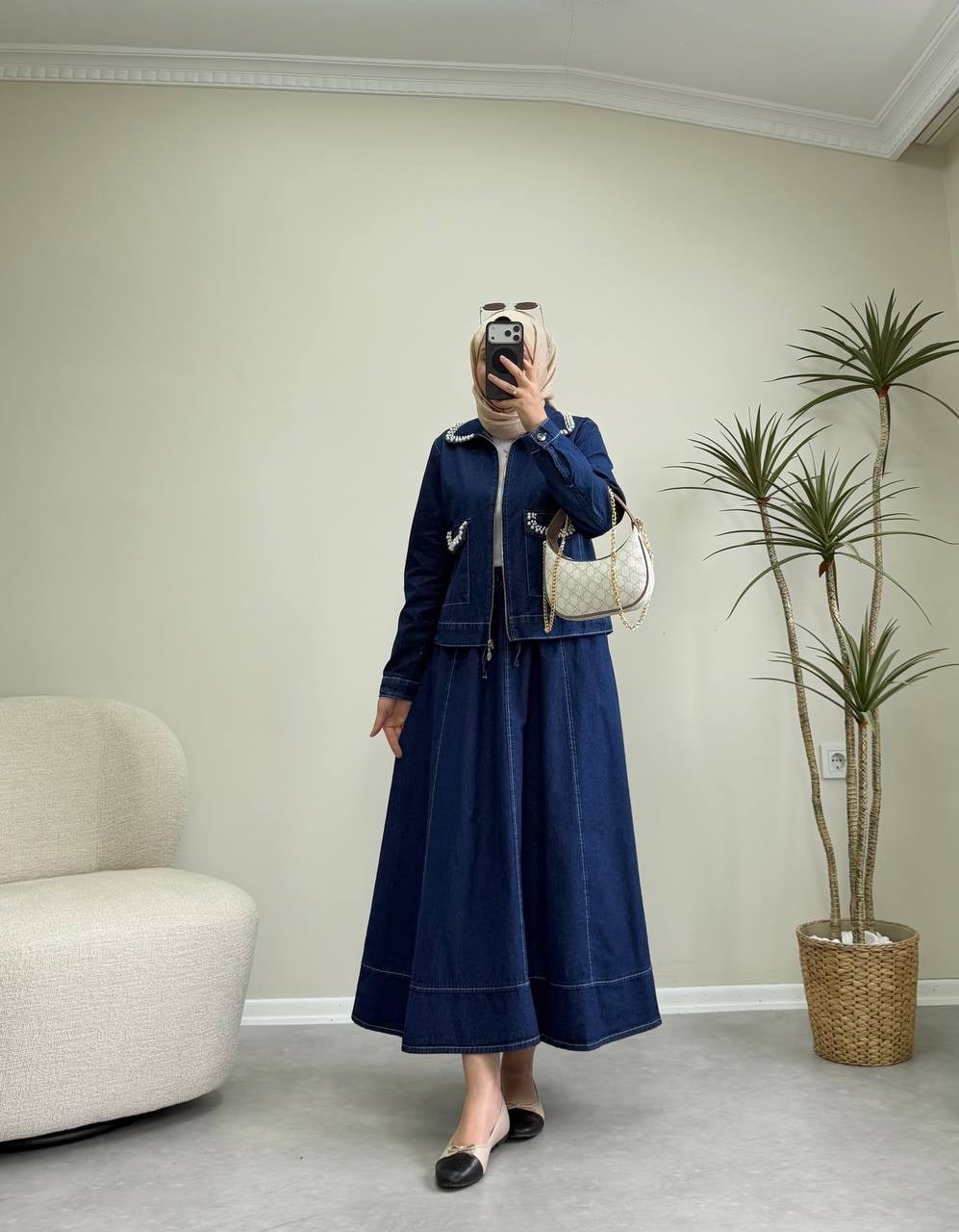 3551 - İncili Denim Etek Takım - Lacivert