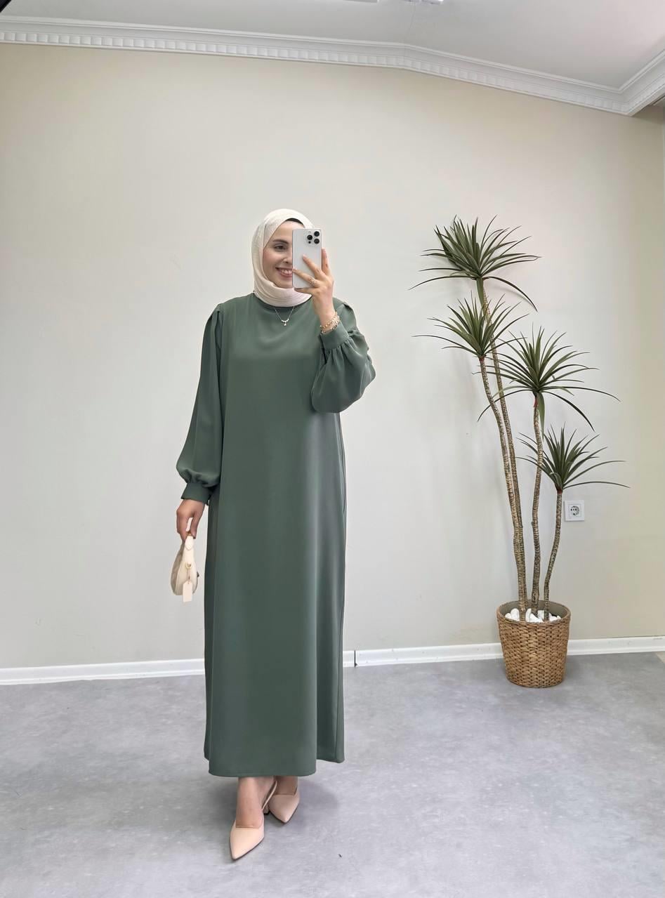 7154 - Kemerli Kalem Elbise - Haki
