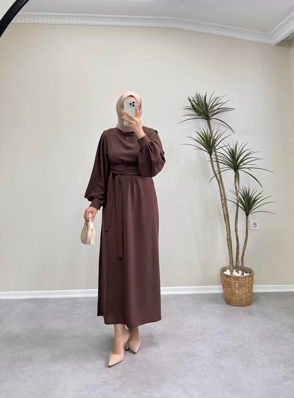 7154 - Kemerli Kalem Elbise - Kahve rengi