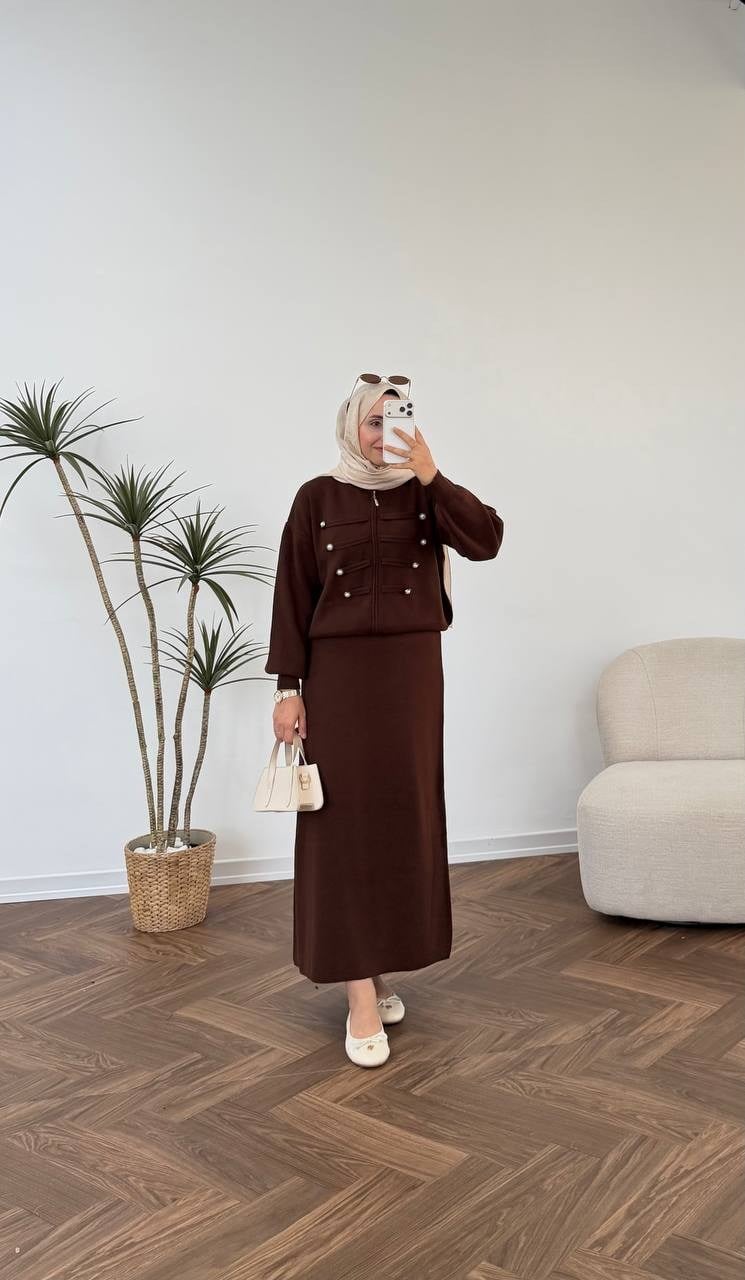 9825 - Düğmeli Etek Takım - Kahverengi 