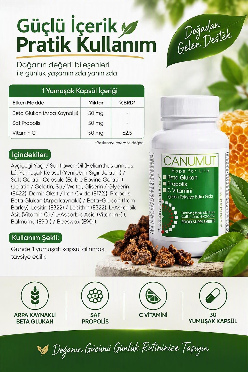Propolis ve Arı SütüDİLCEMCUPRPCANUMUT  Beta Glukan - Propolis 500Mg / 30 Kapsül