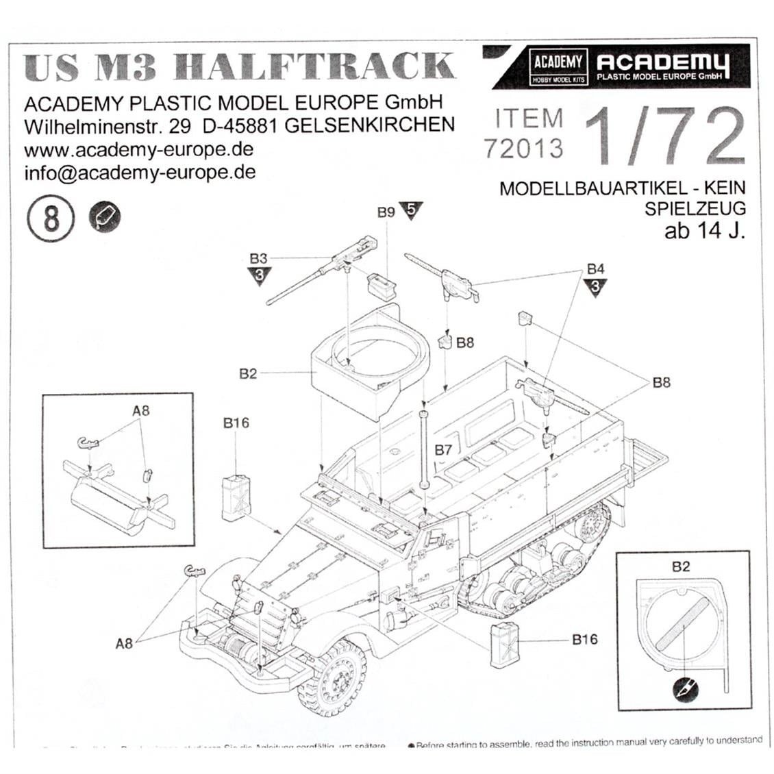 Academy 72013 1/72 Ölçek, Amerikan M3 Yarı Paletli Tankı, Plastik Model Kiti