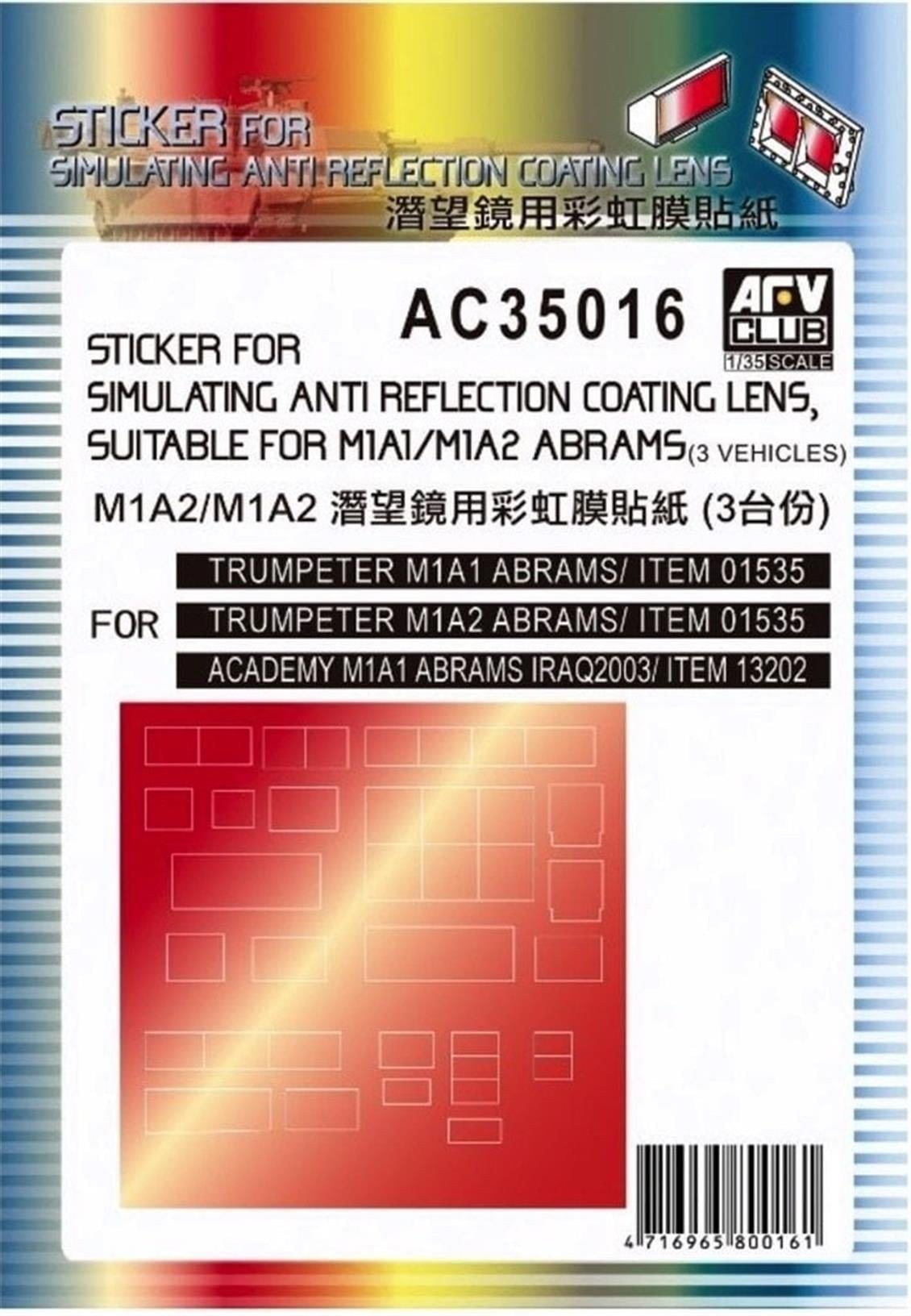 AFV Club AC35016 1/35 Ölçek, Sticker for Simulating Anti Reflection Coating Lens,Suitable for 1A1/M1A2ABRAMS Tank Detay Seti