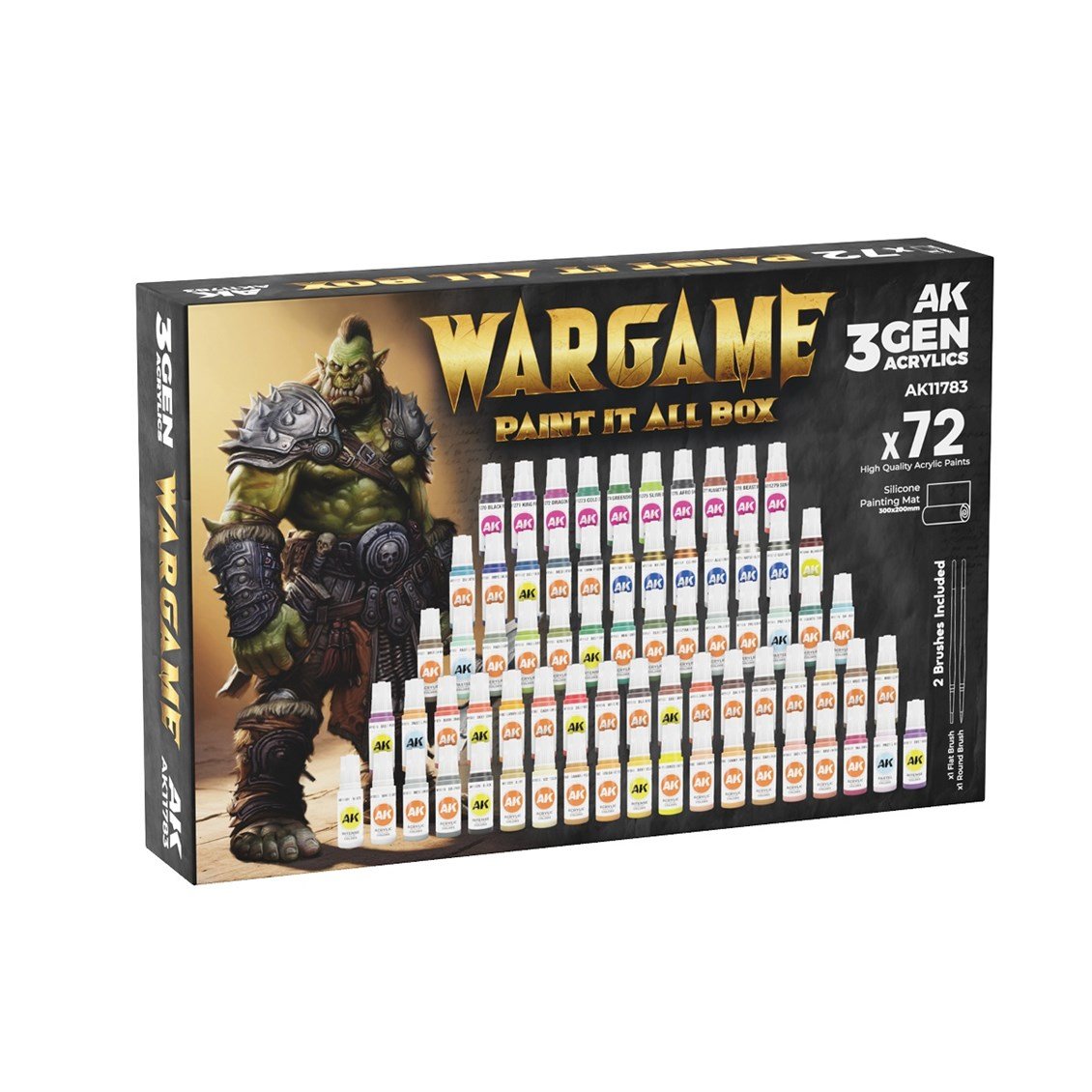 AK 11783 72x17 ml. Wargame Boyaları, 2xSentetik Fırça ve A4 Silikon Ped, Akrilik 3GEN Wargame Model Boyası Seti