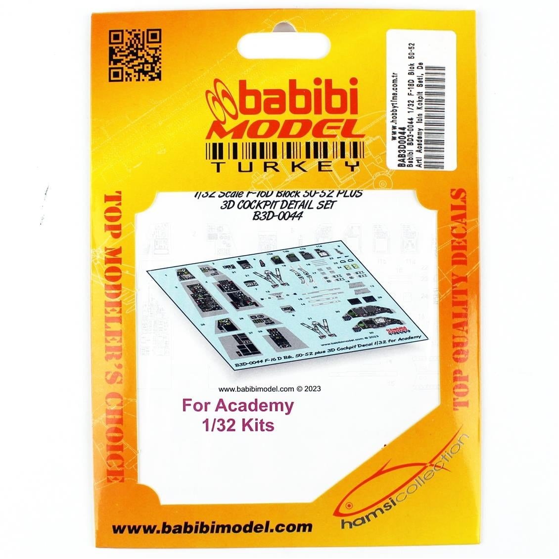 Babibi BD3-0044 1/32 Ölçek, F-16D Blok 50-52 Artı Academy İçin Kokpit Seti, Dekal Çıkartma