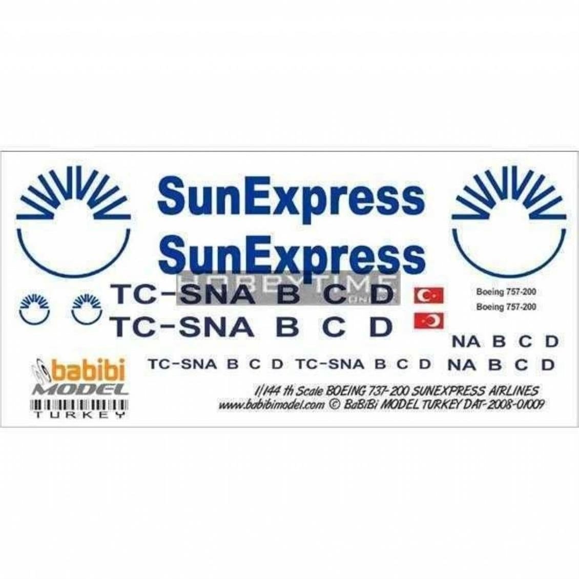 Babibi DAT01009 1/144 Ölçek, Sun Express, Boeing 737-200, Dekal Çıkartma