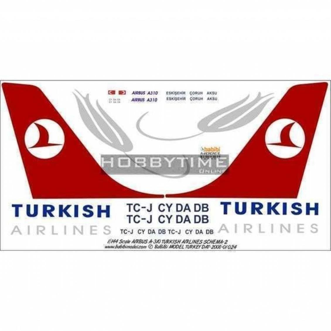 Babibi DAT01024 1/144 Ölçek, Thy, Airbus A310, Dekal Çıkartma