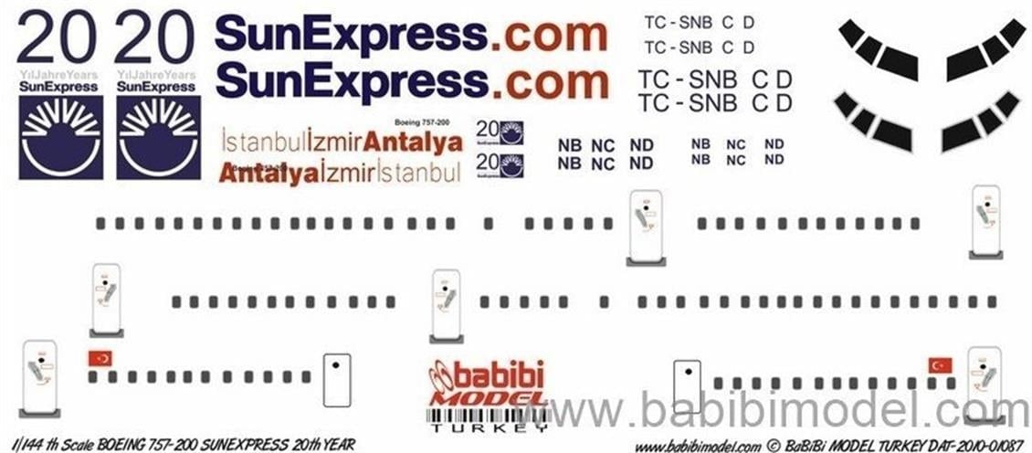 Babibi DAT01087 1/144 Ölçek, Sun Express, Boeing 757-200, Dekal Çıkartma