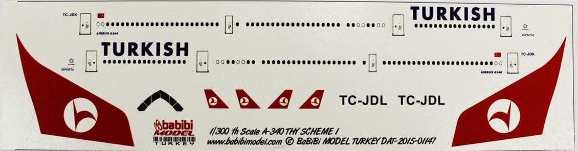Babibi DAT01147 1/300 Ölçek, Thy, Airbus A340, Şema-1, Dekal Çıkartma