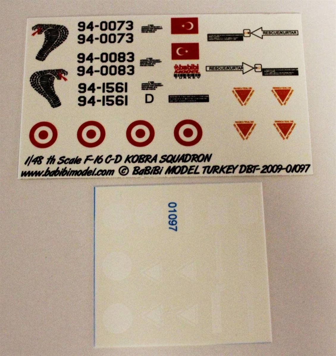 Babibi DBT01097 1/48 Ölçek, Turaf F-16 C/D, 191.Kobra Filo, Dekal Çıkartma