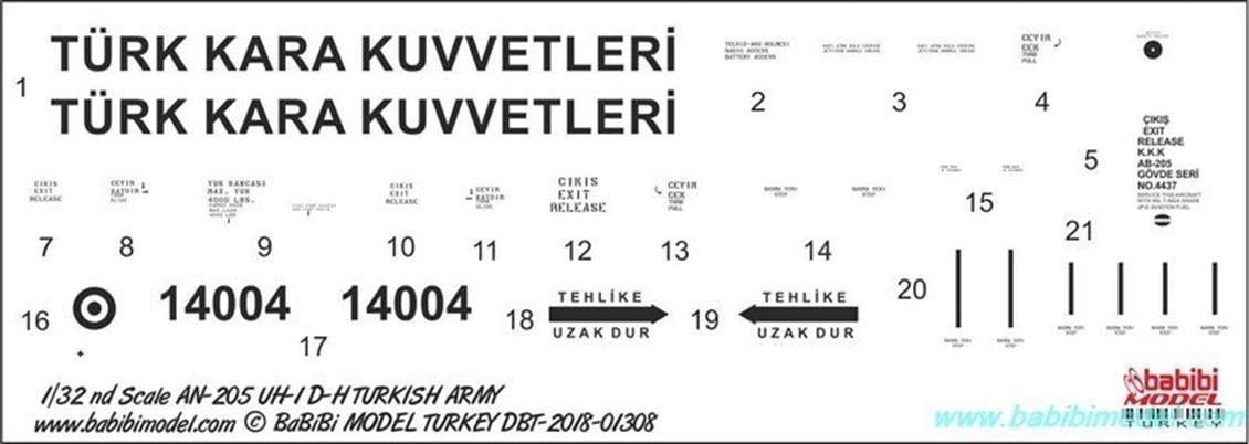 Babibi DBT01308 1/32 Ölçek, UH-1, Kara Kuvvetleri, Dekal Çıkartma