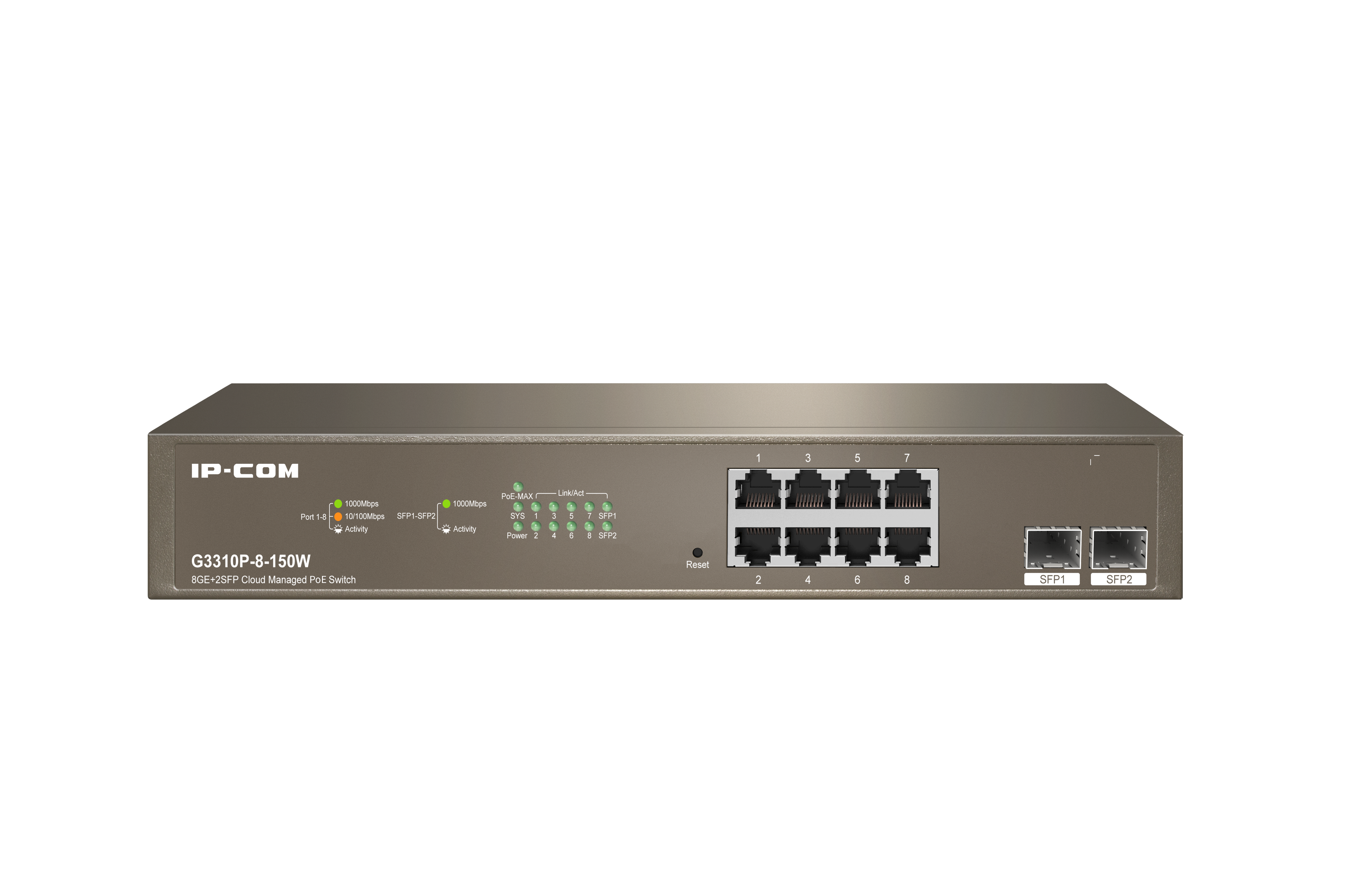 IP-COM G3310P-8-150W Managed,8GE Base-T +2GE Base-X SFP-Port, Cloud Managed PoE Switch
