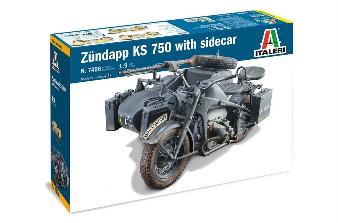 Italeri 7406S 1/9 Ölçek, Zundapp KS 750 Sepetli Askeri Motosiklet, Plastik Model kiti