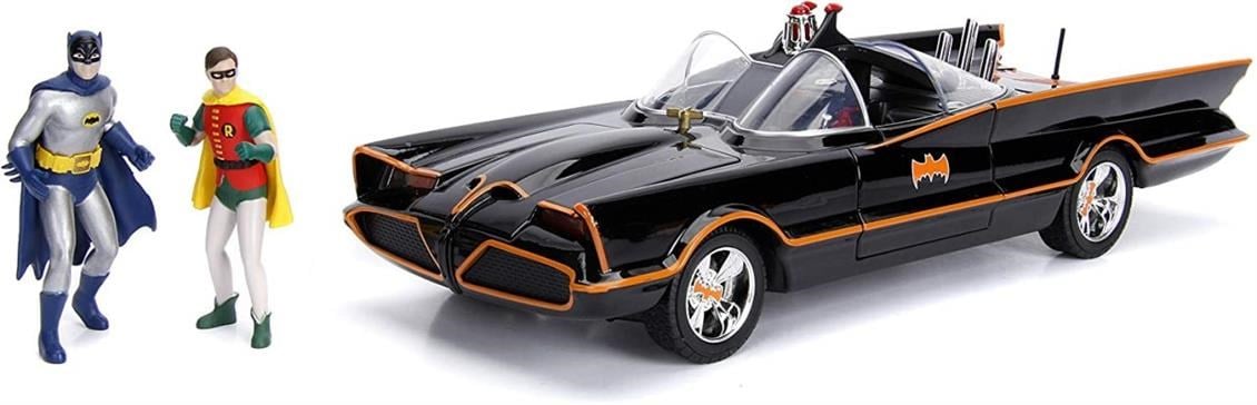 Jada 98625 1/18 Ölçek, Batmobil (Batman ve Robin Figürlü), Ön ve Arka Işıklı, Sergilemeye Hazır Metal Araba Modeli