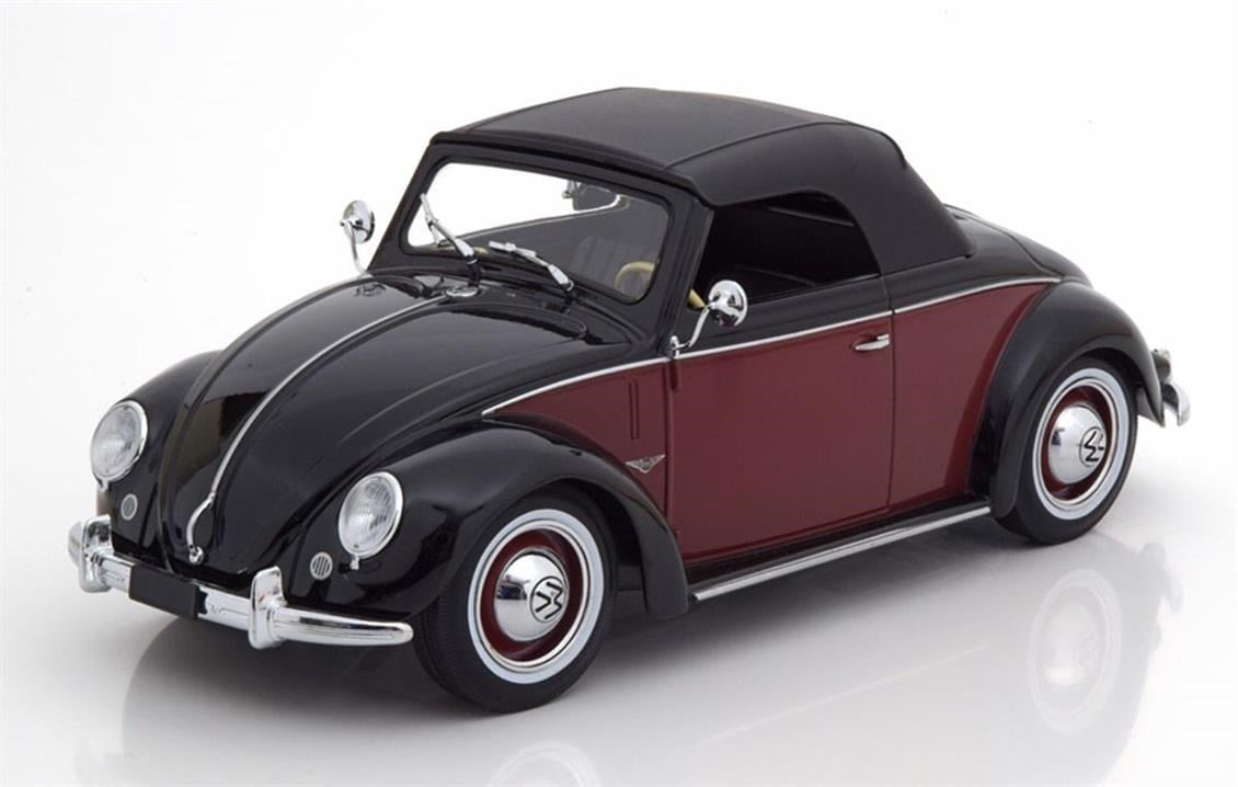 KKscale 180112 1/18 Ölçek, 1949 Volkswagen Hebmueller, Kabrio, Siyah-Koyu Kırmızı, Sergilemeye Hazır Metal Araba Modeli