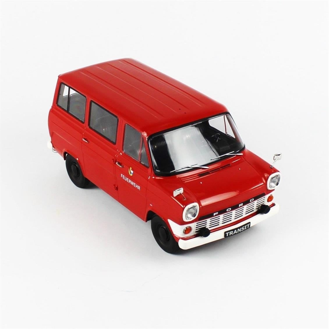 KKscale 180467 1/18 Ölçek, 1965 Ford Transit Minibüs, İtfaiye, Kırmızı, Sergilemeye Hazır Metal Minibüs Modeli