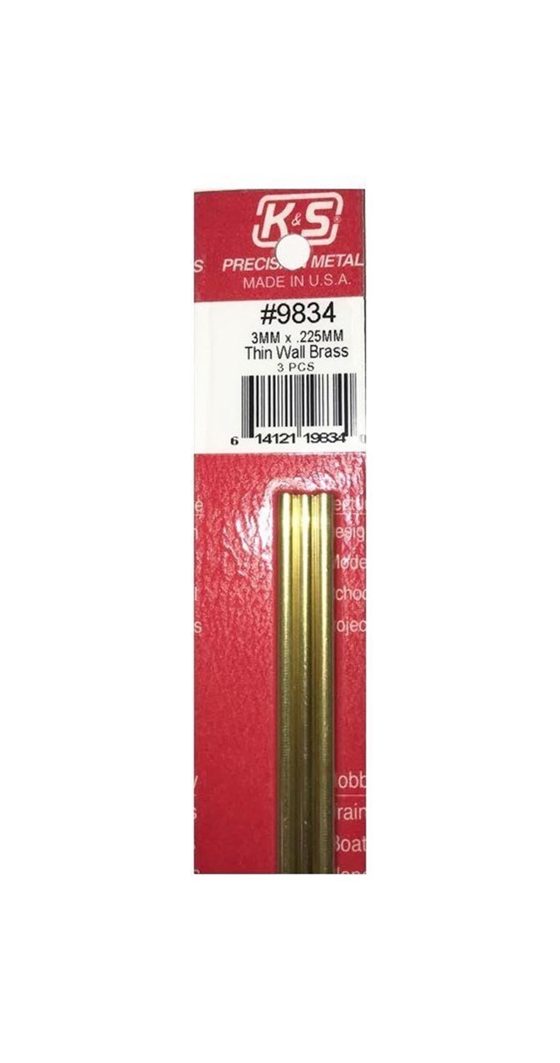 K&S 9834 Thın Wall Brass Tubes-3Mm Odx.225Mm Wallx300M
