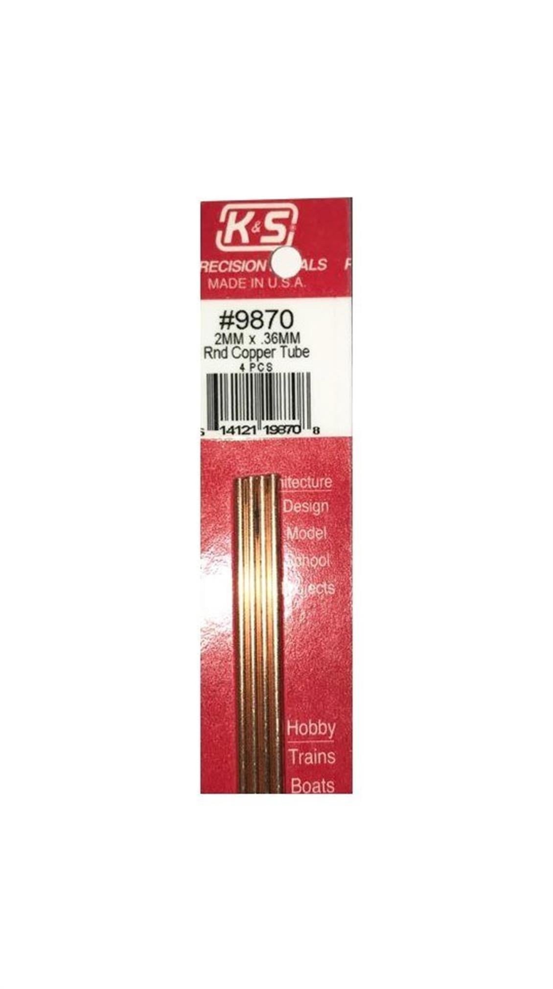 K&S 9870 Round Copper Tubes-2Mm Odx.36Mm Wallx300Mm-4P