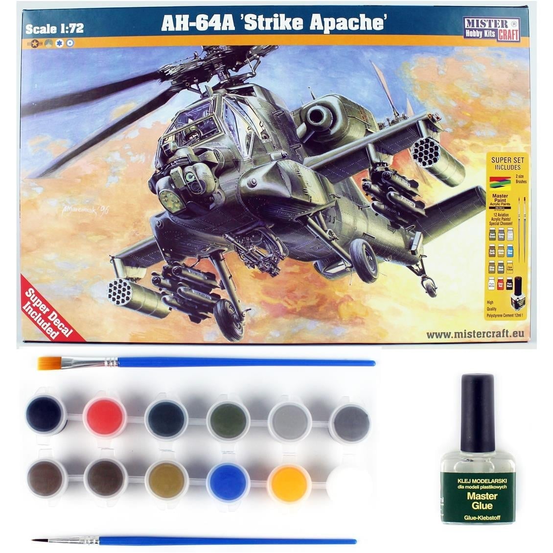 Mistercraft D036ST 1/72 AH-64A Strike Apache Helikopteri Plastik Model Kiti, (12xBoya,2xFırça,Yapıştırıcılı Başlangıç Seti)
