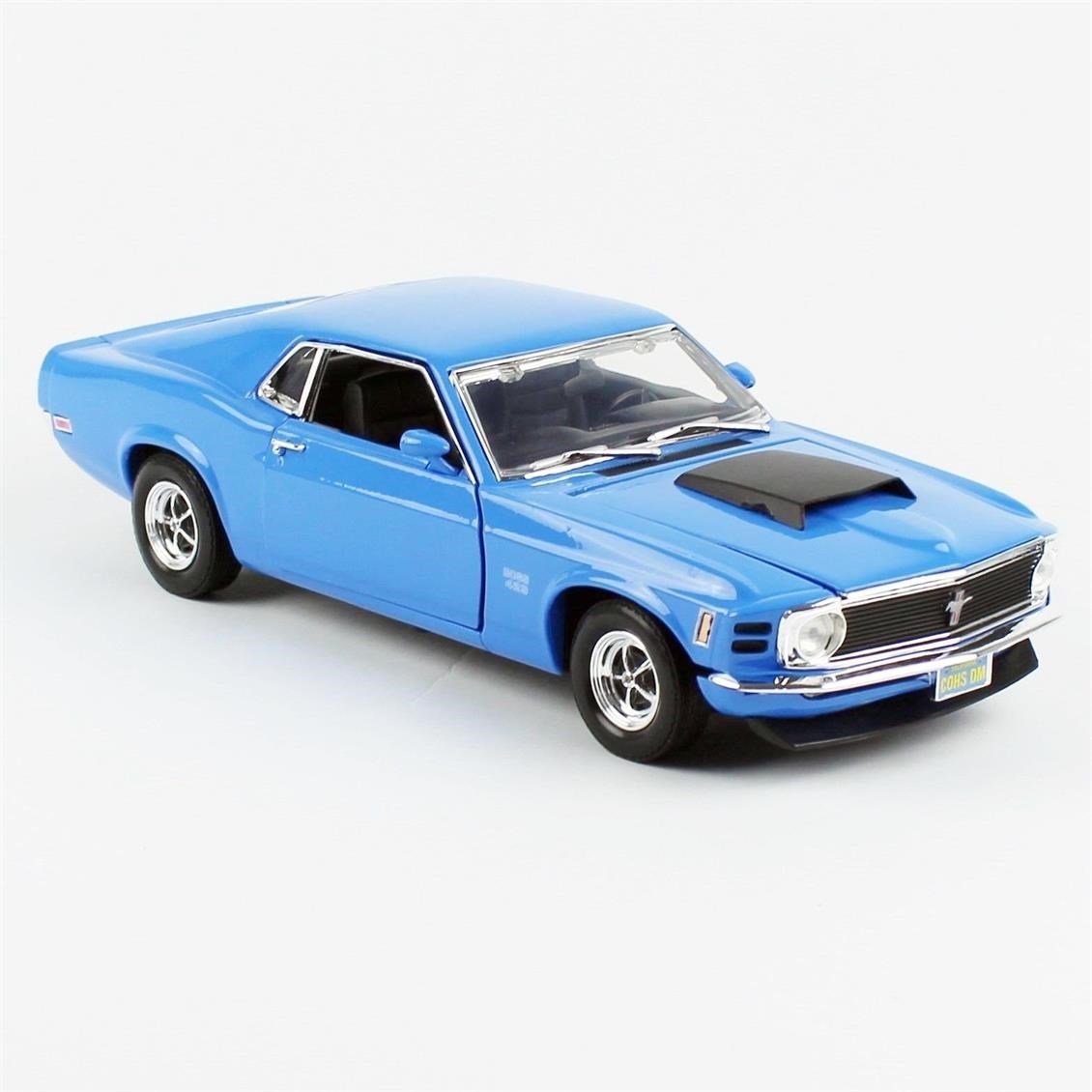 Motormax 73154 1/18 Ölçek, 1970 Ford Mustang Boss 429, Mavi, Sergilemeye Hazır Metal Araba Modeli