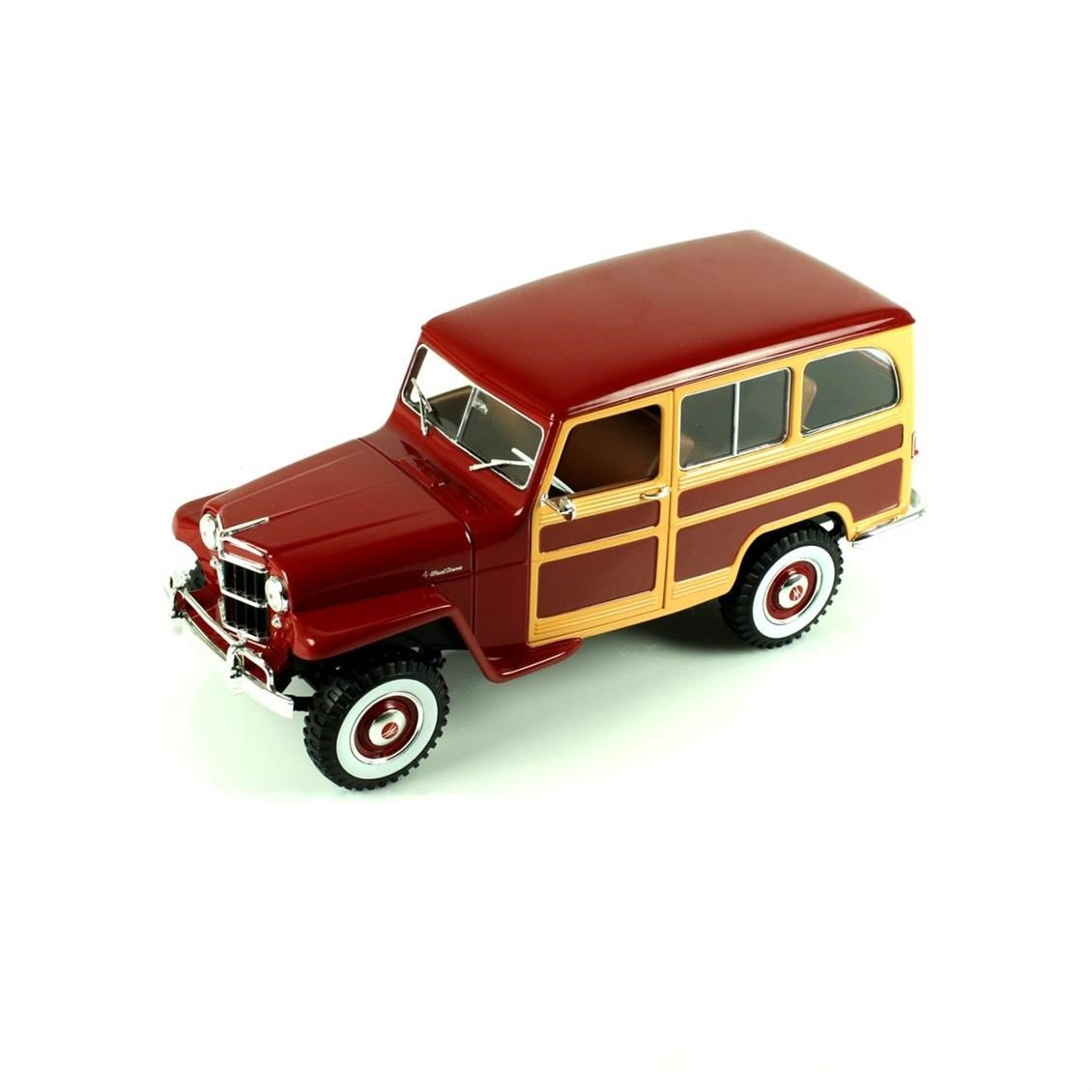 Road Signature 92858 1/18 Ölçek, 1955 Willys Jeep Station Wagon, Burgundy, Sergilemeye Hazır Metal Araba Modeli