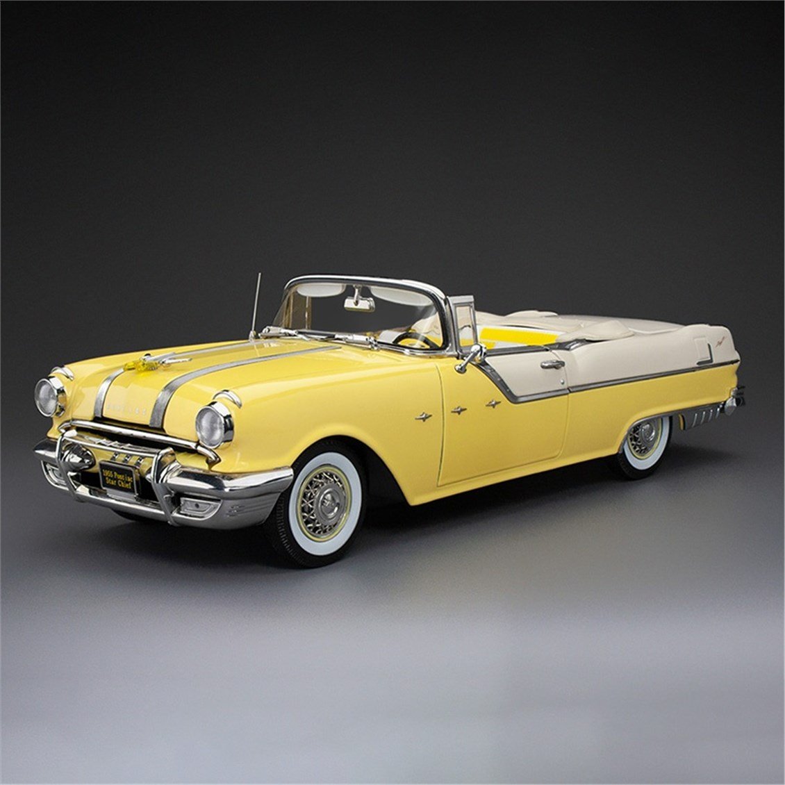 Sunstar 5059 1/18 Ölçek, 1955 Pontiac Star Chief Open Convertible, Sis Beyazı/Sarı, Sergilemeye Hazır Metal Araba Modeli