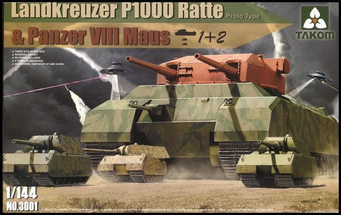 Takom 3001 1/144 Ölçek, WWII Landkreuzer P1000 Ratte & Panzer VIII Maus Tankı, Plastik Model kiti
