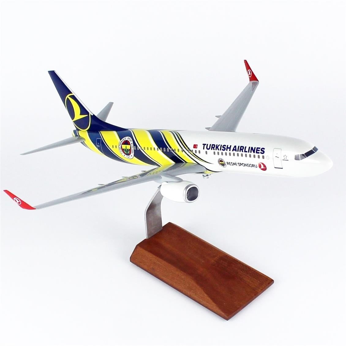 THY021 1/100 Ölçek, THY Fenerbahçe Spor Klübü Logolu B737-800 Yolcu Uçağı, Sergilemeye Hazır Ahşap Standlı Model