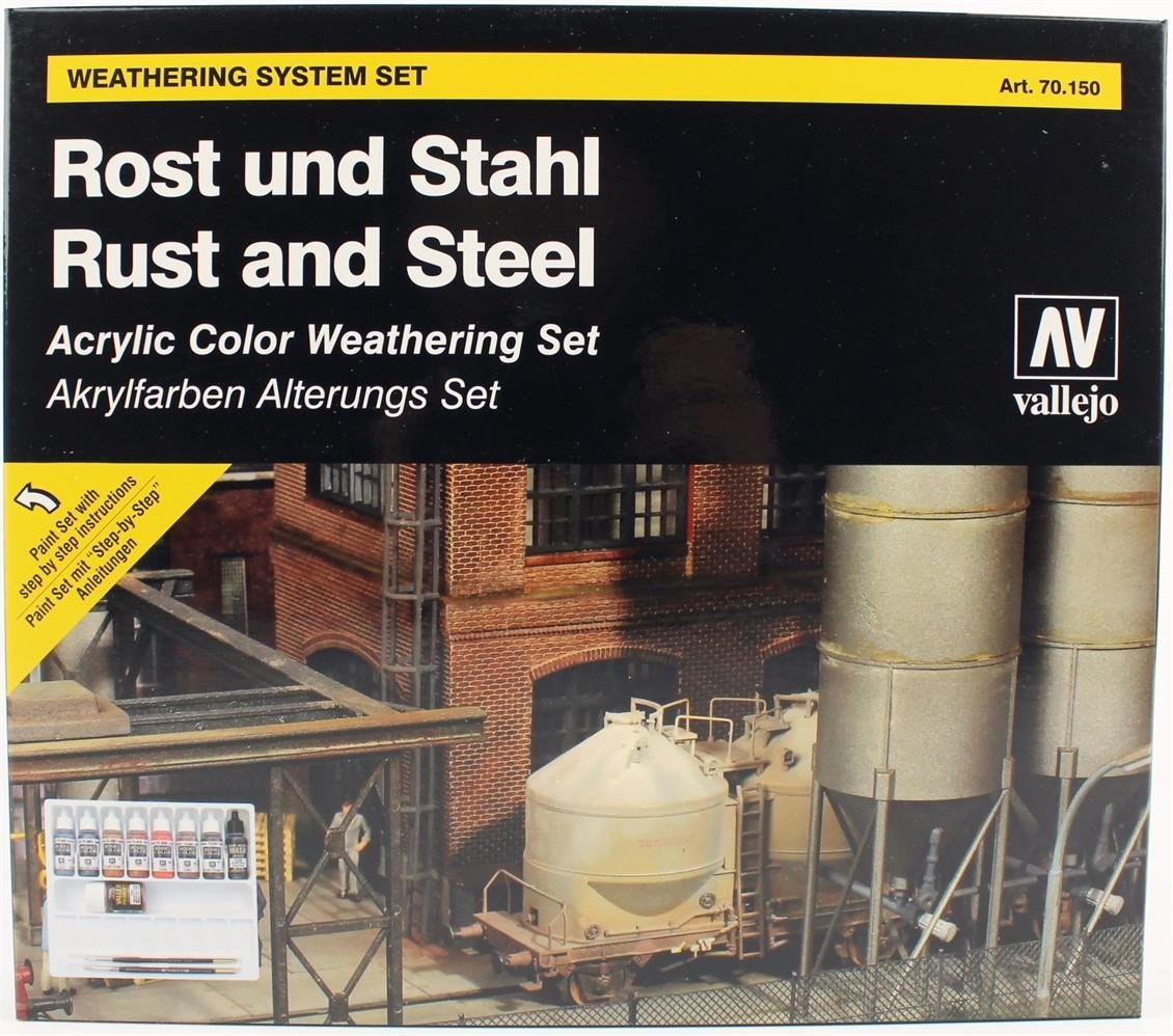 Vallejo 70150 9x18 ml. Efekt Seti, Rust, Steel ve 2 Fırça, Model Color Serisi Model Boyası Seti