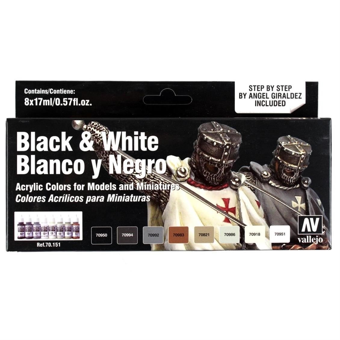 Vallejo 70151 8x18 ml. Black & White, by Angel Giraldez, Model Color Serisi Model Boyası Seti