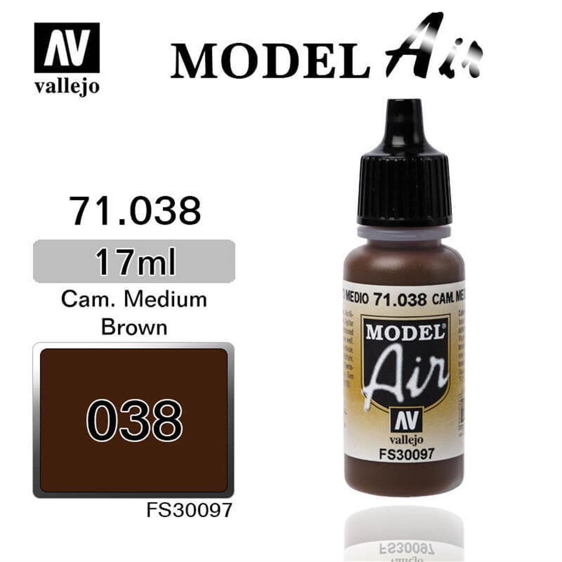 Vallejo 71038 18 ml. Camouflage Medium Brown, Model Air Serisi Model Boyası