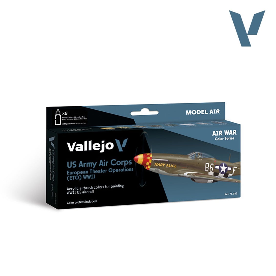 Vallejo 71182 8x18 ml. US Army Air Corps European Theater Operations (ETO) WWII, Model Air Serisi Model Boyası Seti