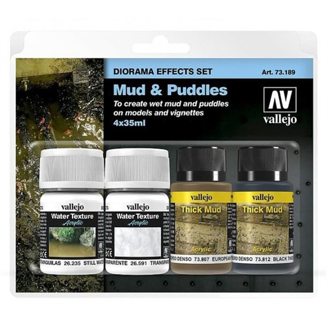 Vallejo 73189 4X35 ml. Mud & Puddles (4), Model Boyas Diorama Seti