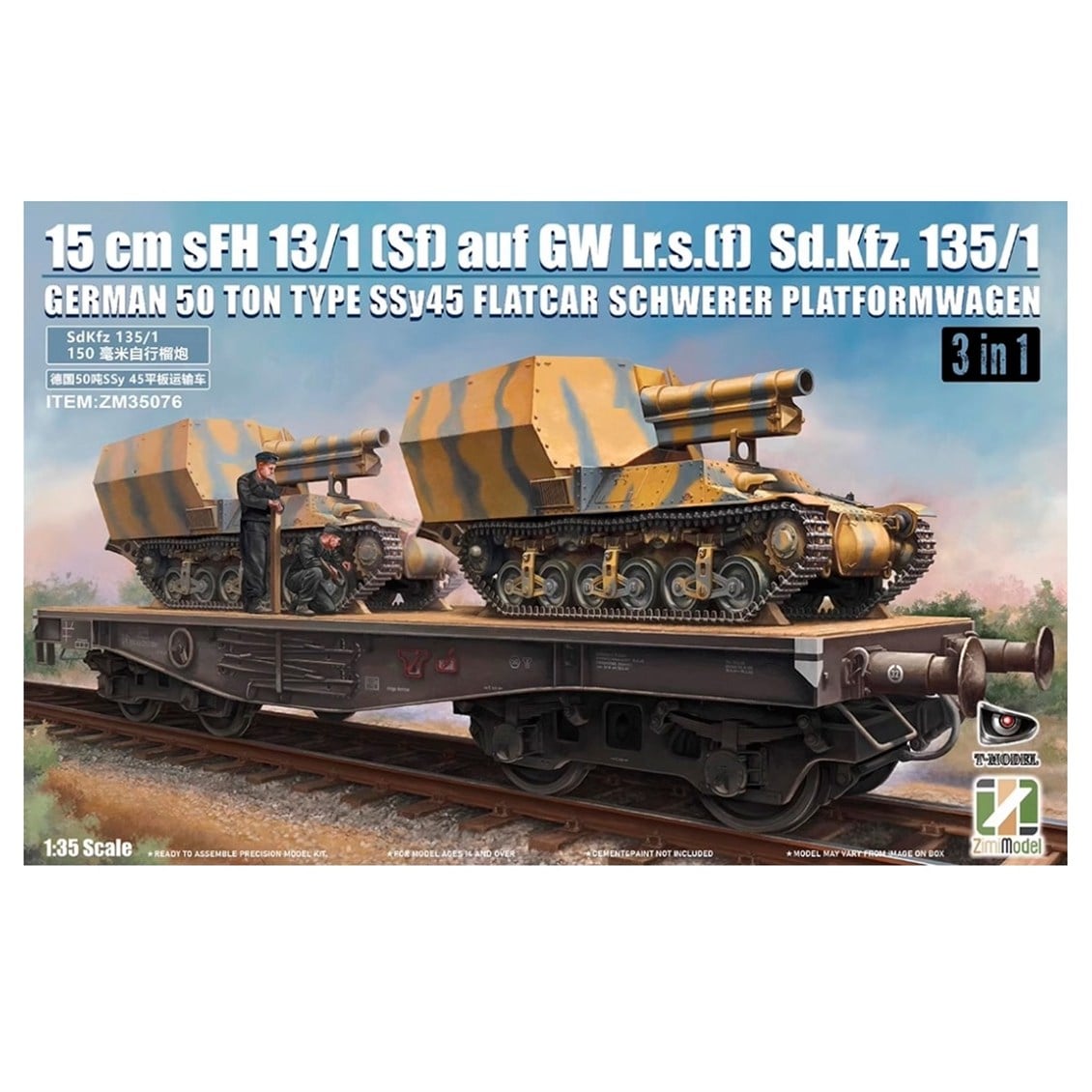Zimi 35076 1/35 Ölçek, Düz Kasa Yük Wagonu ve 2 Adet 15 cm sFH 13/1 toplu Sd.Kfz.135/1, 3 lü Set, Plastik Model Kiti