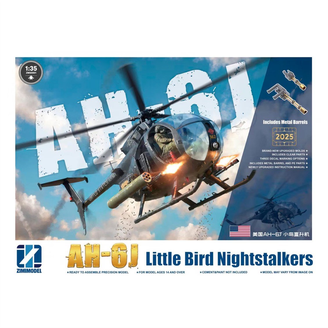 Zimi 50001 1/35 Ölçek, AH-6J Little Bird (Nightstalkers), Askeri Helikopter Plastik Model kiti