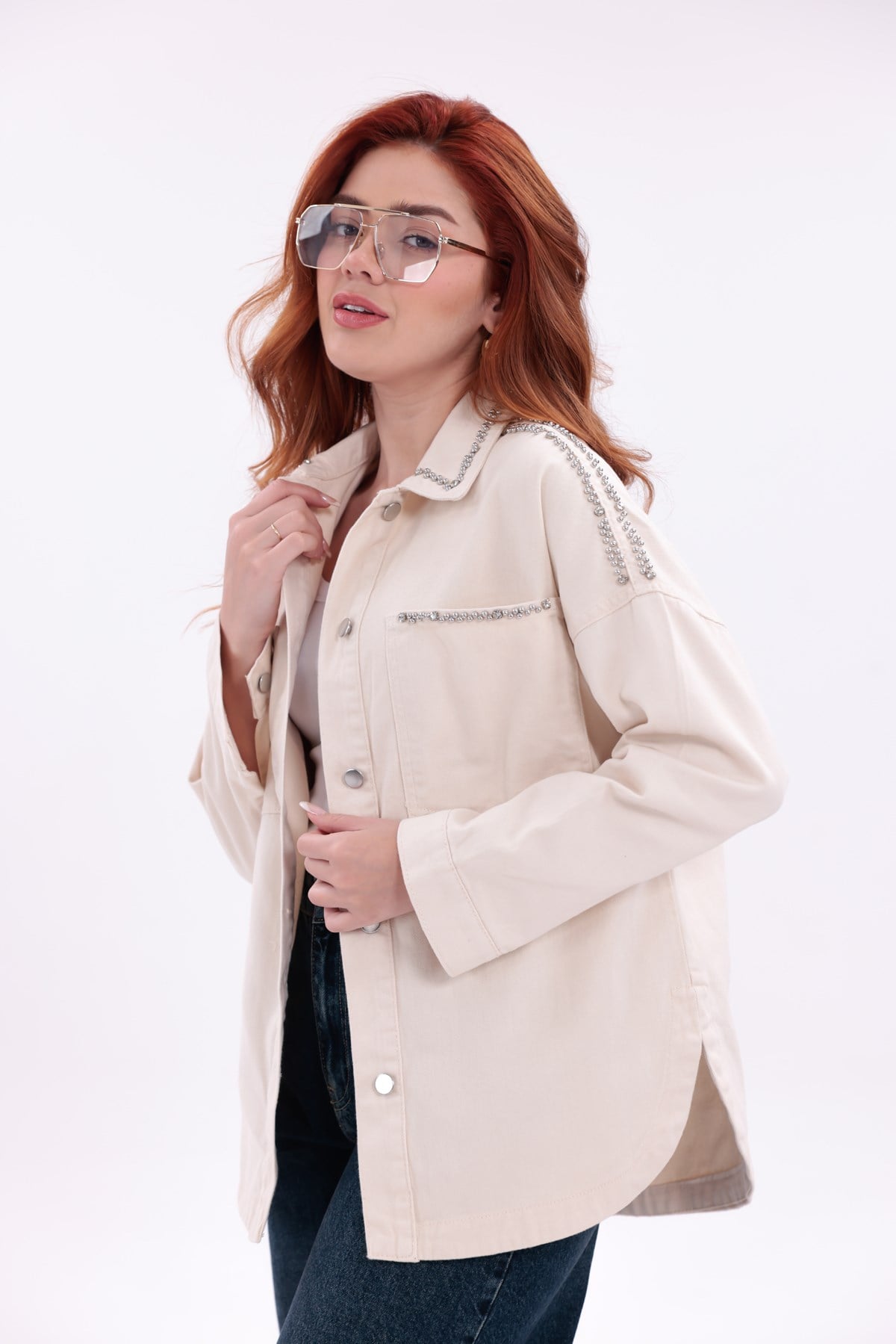  Taş Detaylı Ceplı  Gabardin Ceket