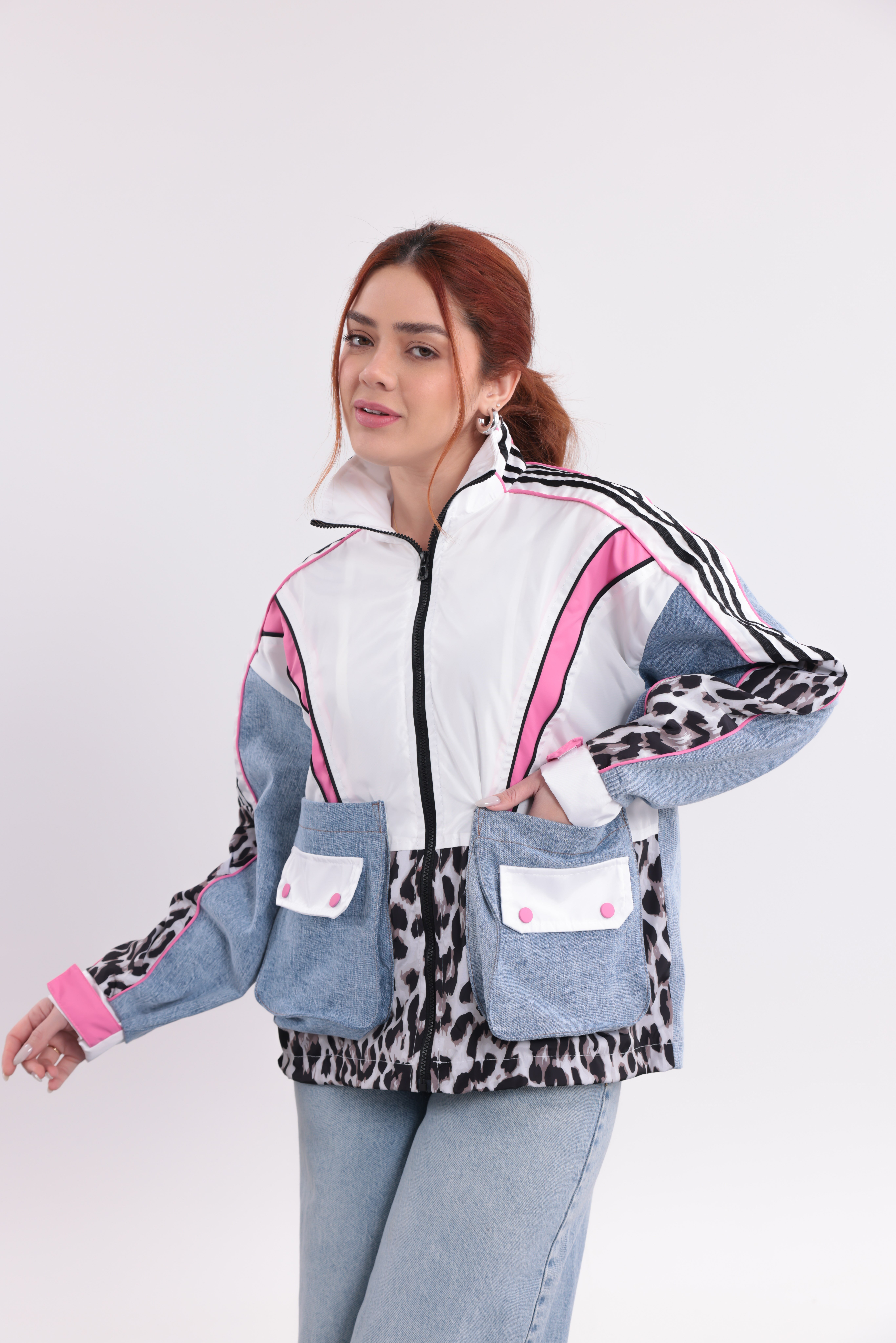 Leopar Garnili Denim Geçişli  Ceket