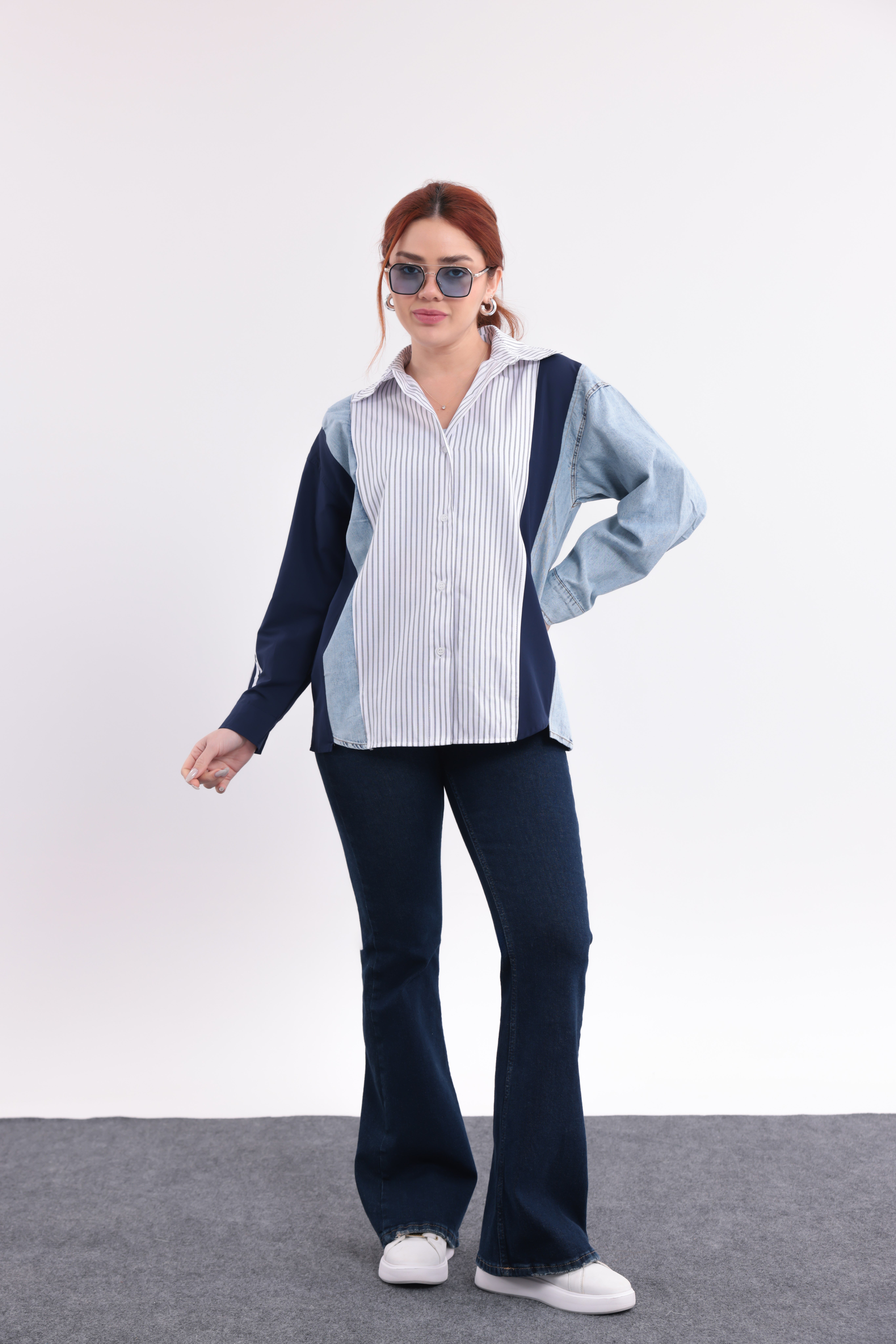 Mavi denim geçişli çizgili gömlek