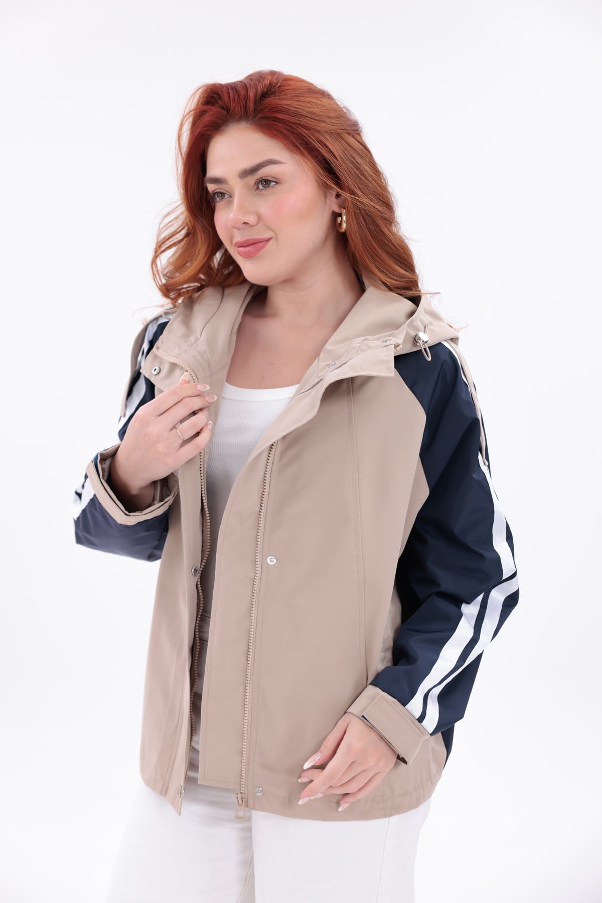 Oversize Şeritli Parka Kadın Yağmurluk