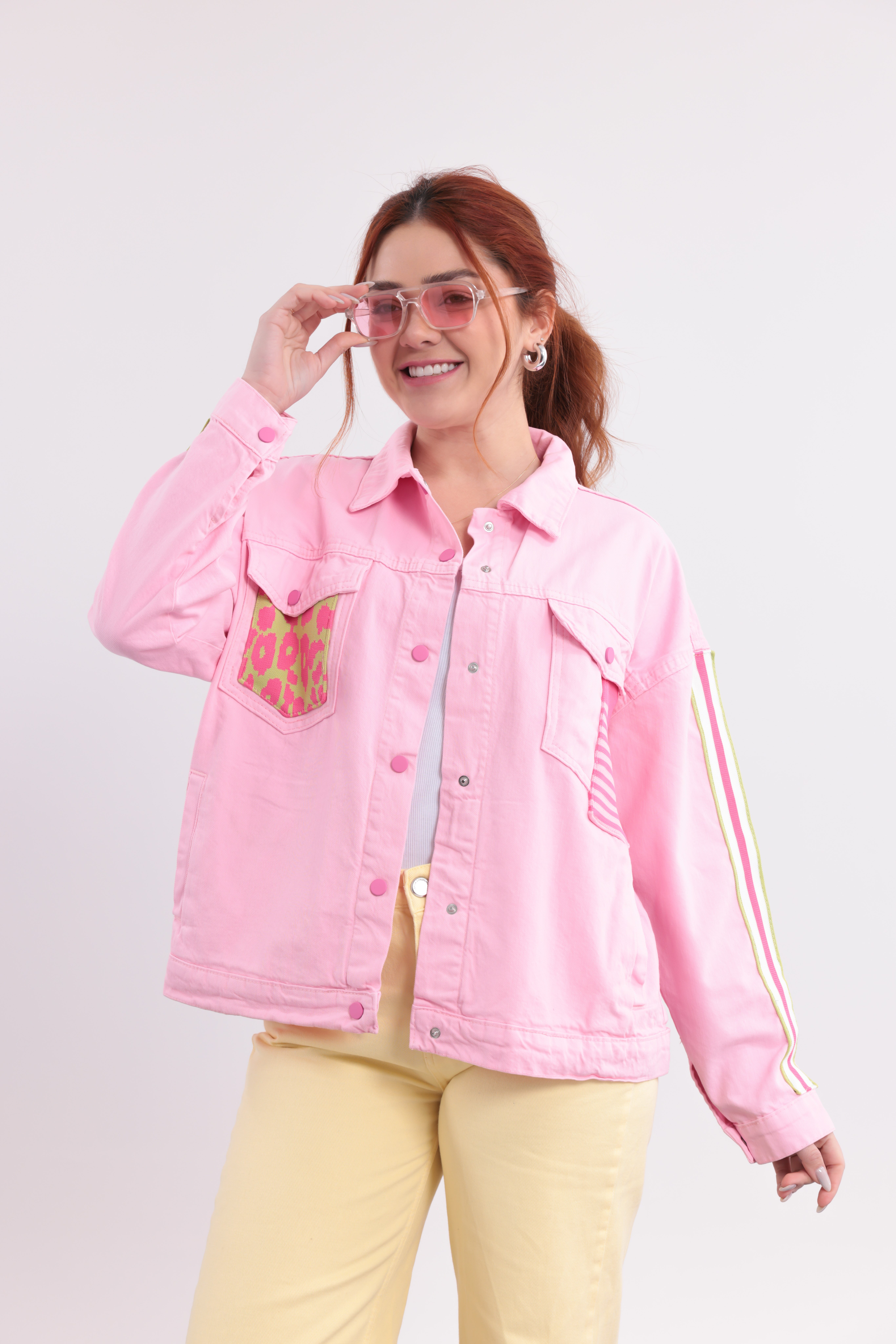 Pembe Leopar Cep Şerit Detaylı Kot Ceket