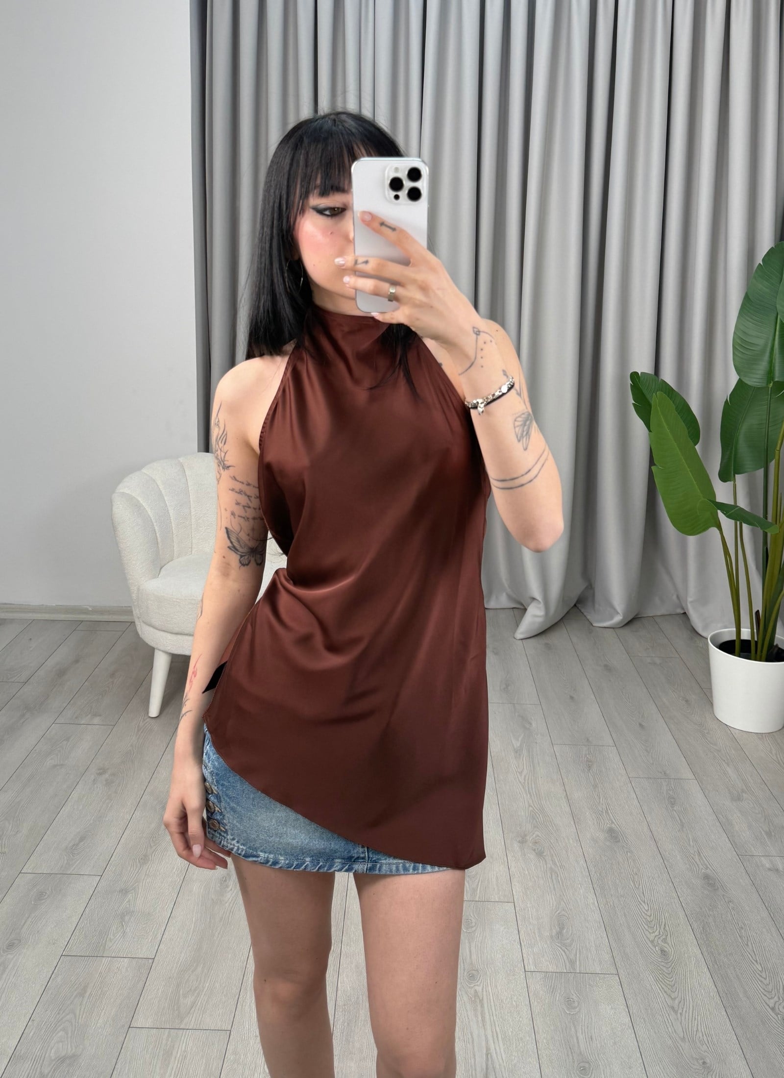 Maya Saten Bluz Kahve