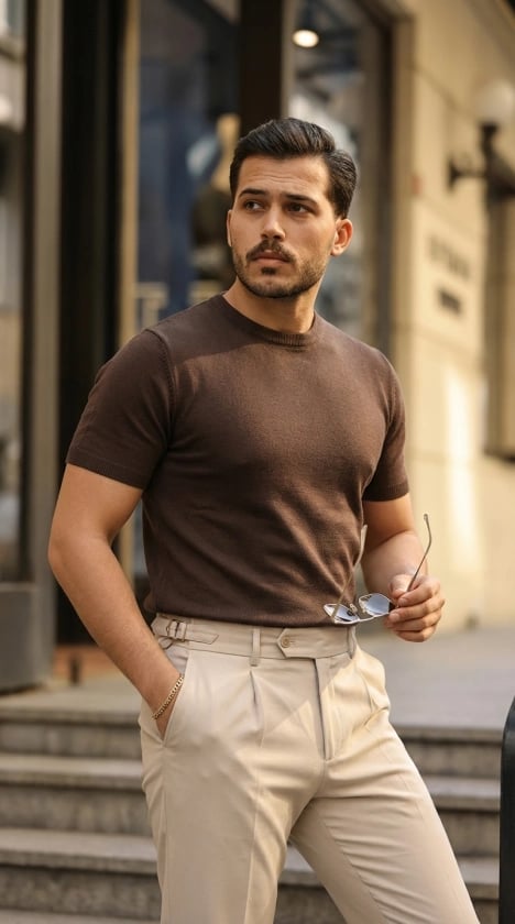 Erkek Basic Bisiklet Yaka Kısa Kollu Triko Tişört - %100 Pamuk Akrilik