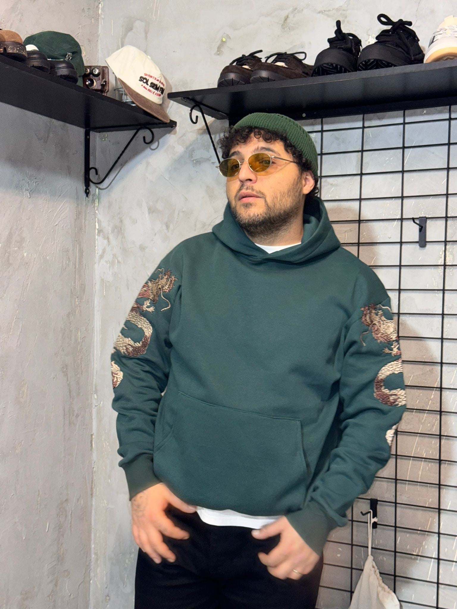 Ejderha Nakışlı Yeşil Hoodie