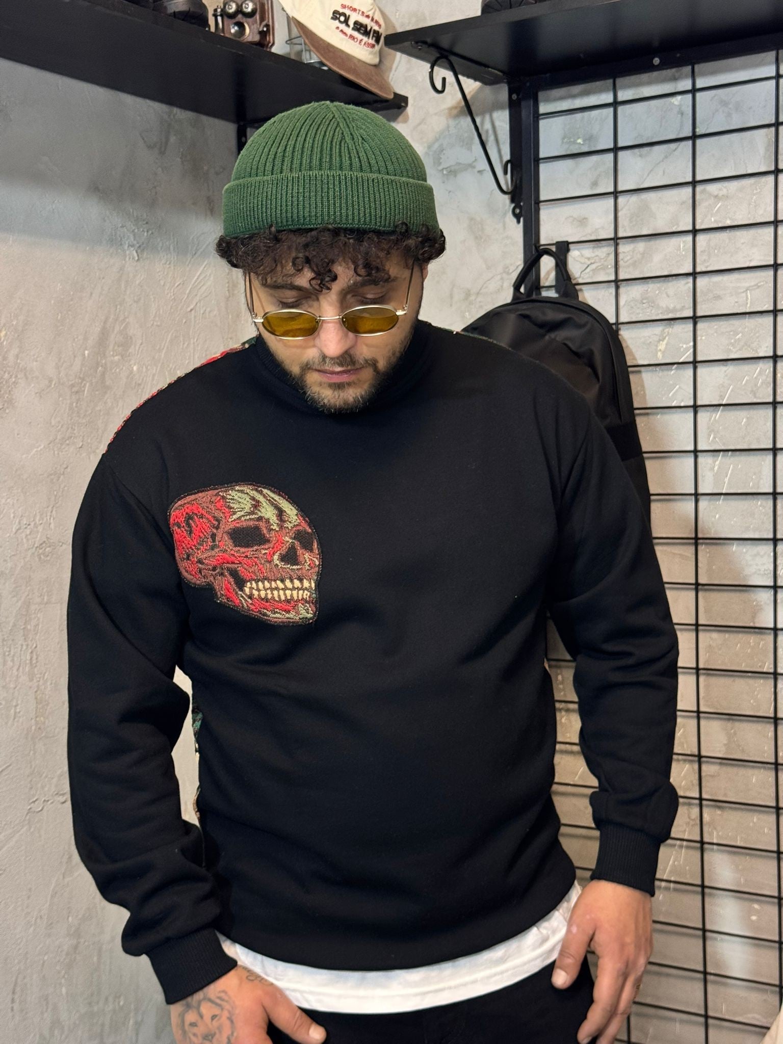 Kuru Kafa Desenli Oversize Siyah Sweatshirt