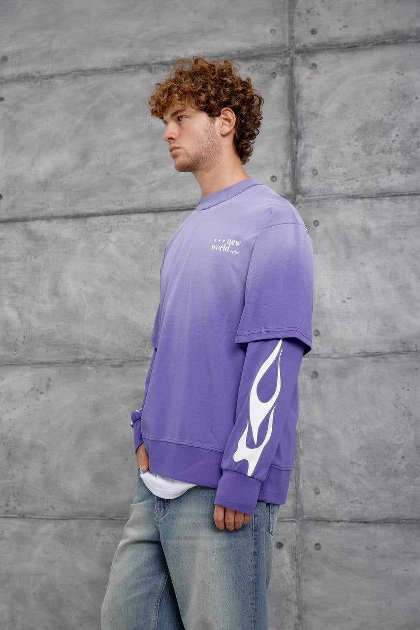 MOR KOLU ALEV BASKILI OVERSIZE SWEATSHIRT