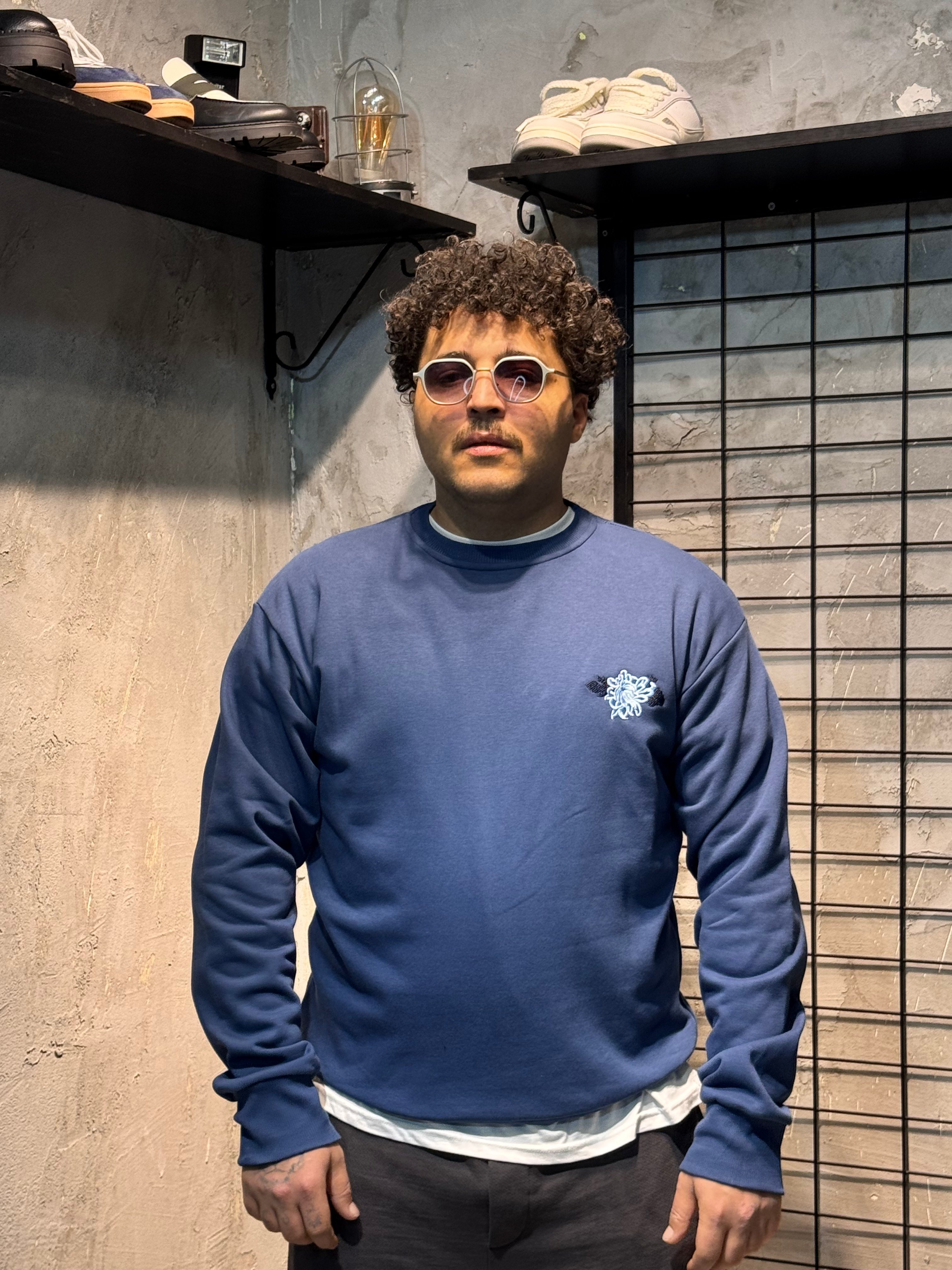 Sırt Nakışlı Oversize Mavi  Hoodie