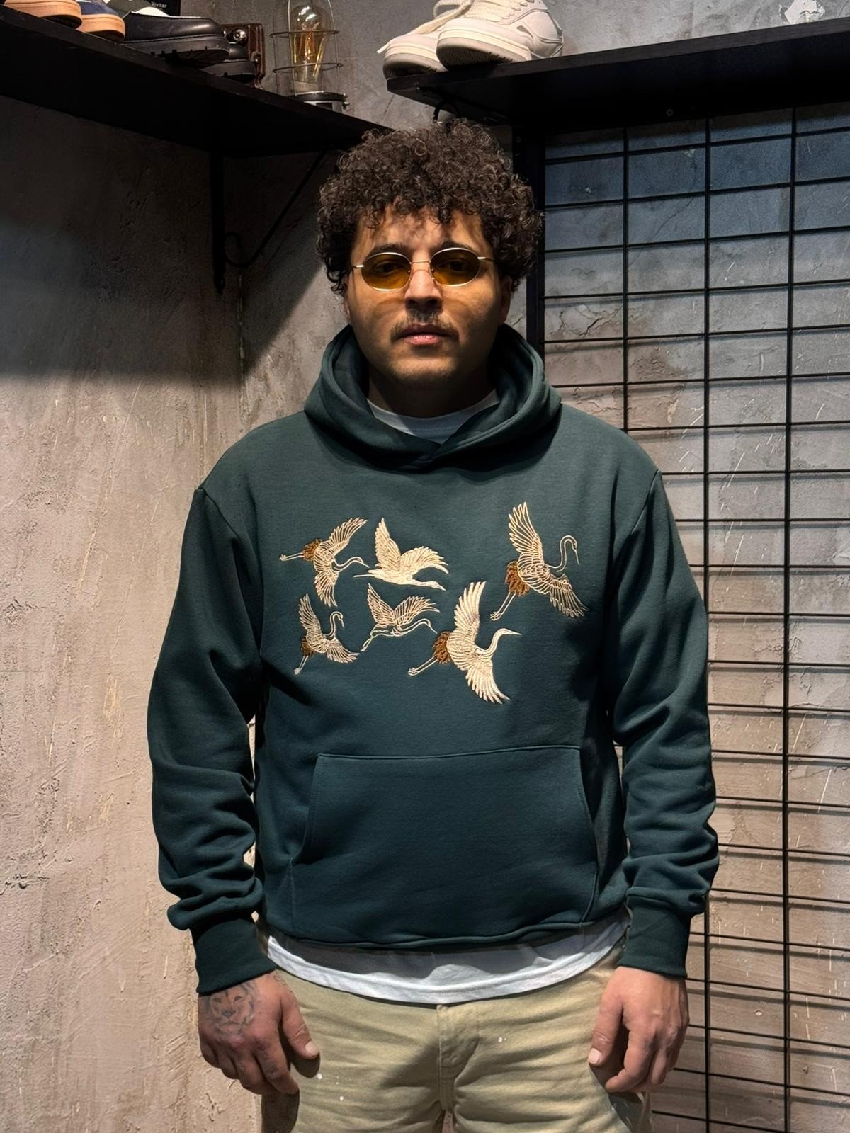 Turna Kuş Nakışlı Yeşil Hoodie